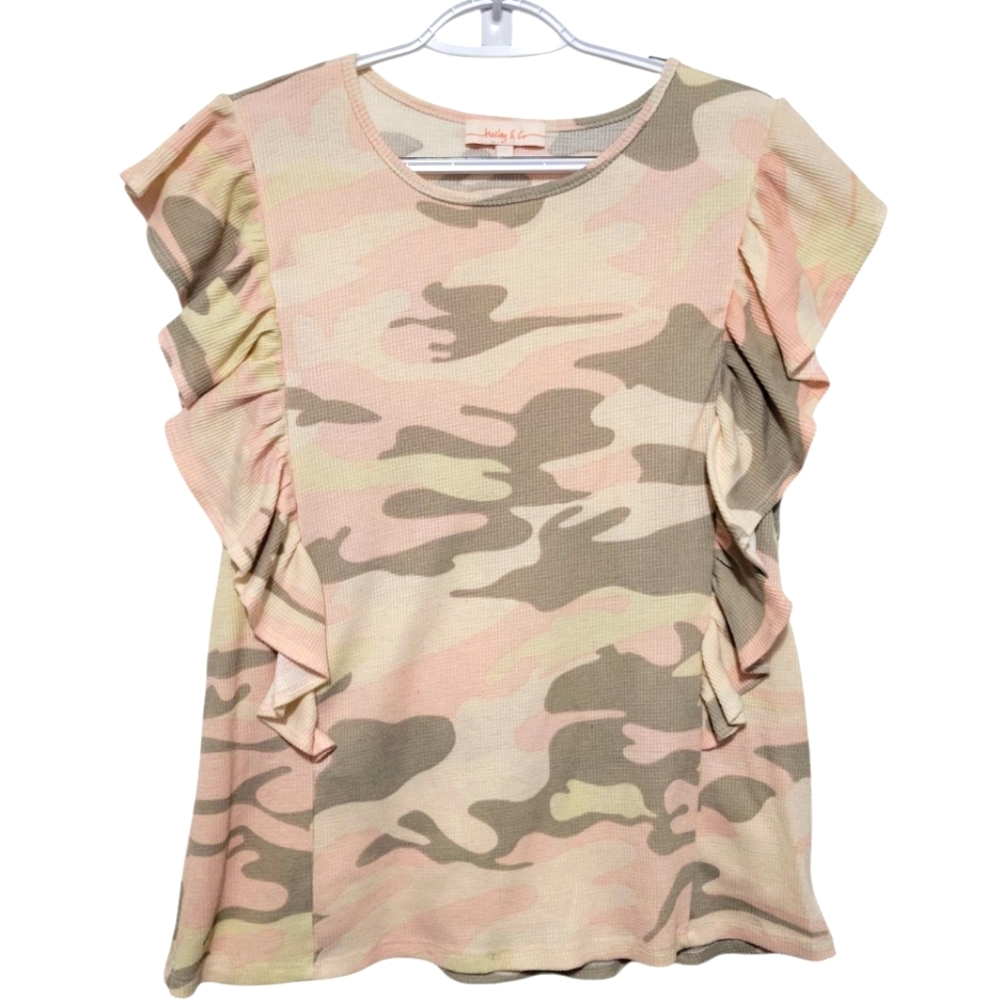 Hailey & Co. Beige and Pink Camo top With Ruffle Sleeves Medium